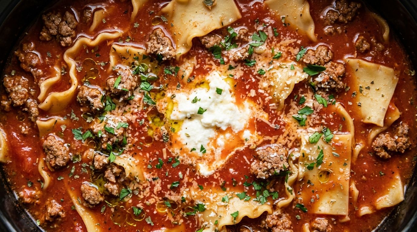 Slow cooker lasagna soup in a white ceramic bowl topped with a creamy ricotta and mozzarella mixture and fresh herbs.