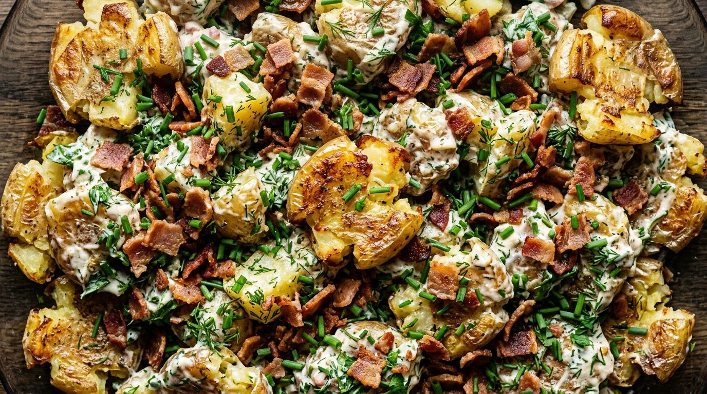 Smashed potato salad with crispy bacon and chives in a white bowl
