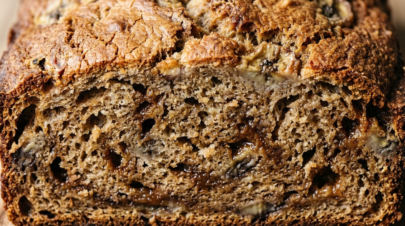 Sliced sourdough banana bread loaf showing golden crackled crust and moist crumb on a dark oak surface.