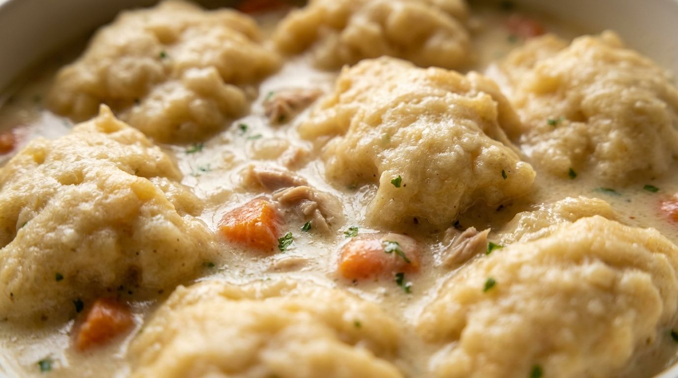 Southern chicken and dumplings with fluffy buttermilk dumplings in a thick creamy broth with carrots and shredded chicken.