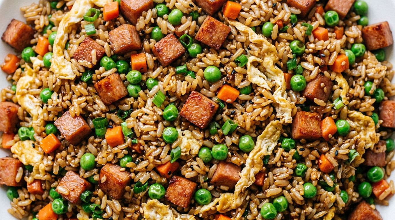 Spam fried rice with golden crispy spam cubes, green peas, orange carrots, and egg ribbons in a dark wok.