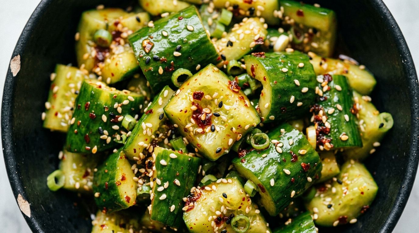 Smashed spicy cucumber salad with red chili oil, sesame seeds, and green onions in a dark bowl.