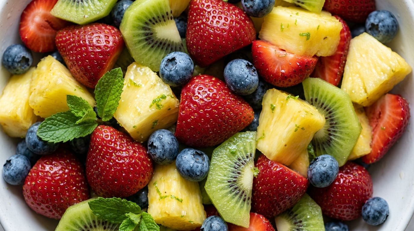 Summer fruit salad with strawberries, blueberries, kiwi, and pineapple in a white ceramic bowl with honey-lime dressing.