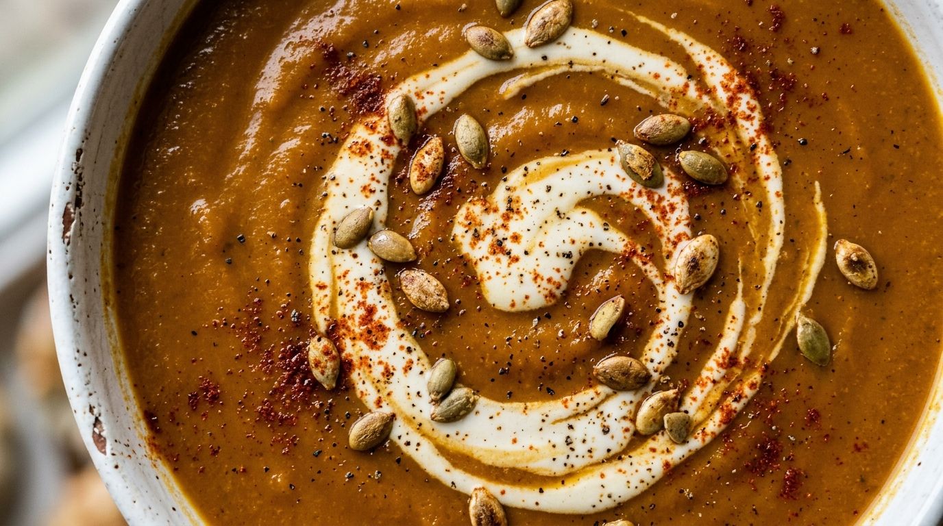 Overhead view of creamy sweet potato soup in a white bowl with coconut cream swirl, smoked paprika, and pumpkin seeds.