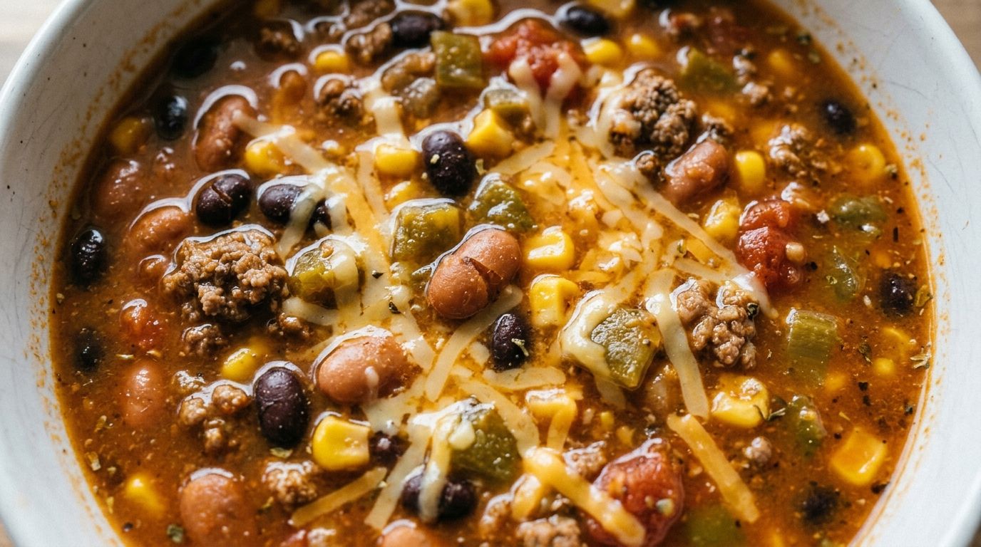 Overhead view of taco soup with ranch packet in a white ceramic bowl topped with melted cheddar, sour cream, and tortilla chips.
