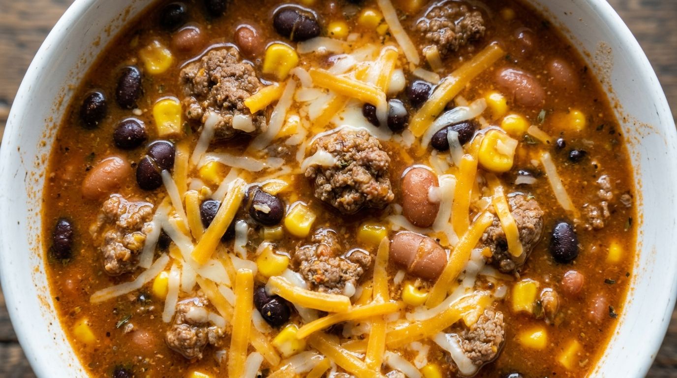 Overhead view of taco soup with ranch packet in a white ceramic bowl topped with melted cheddar, sour cream, and tortilla chips.