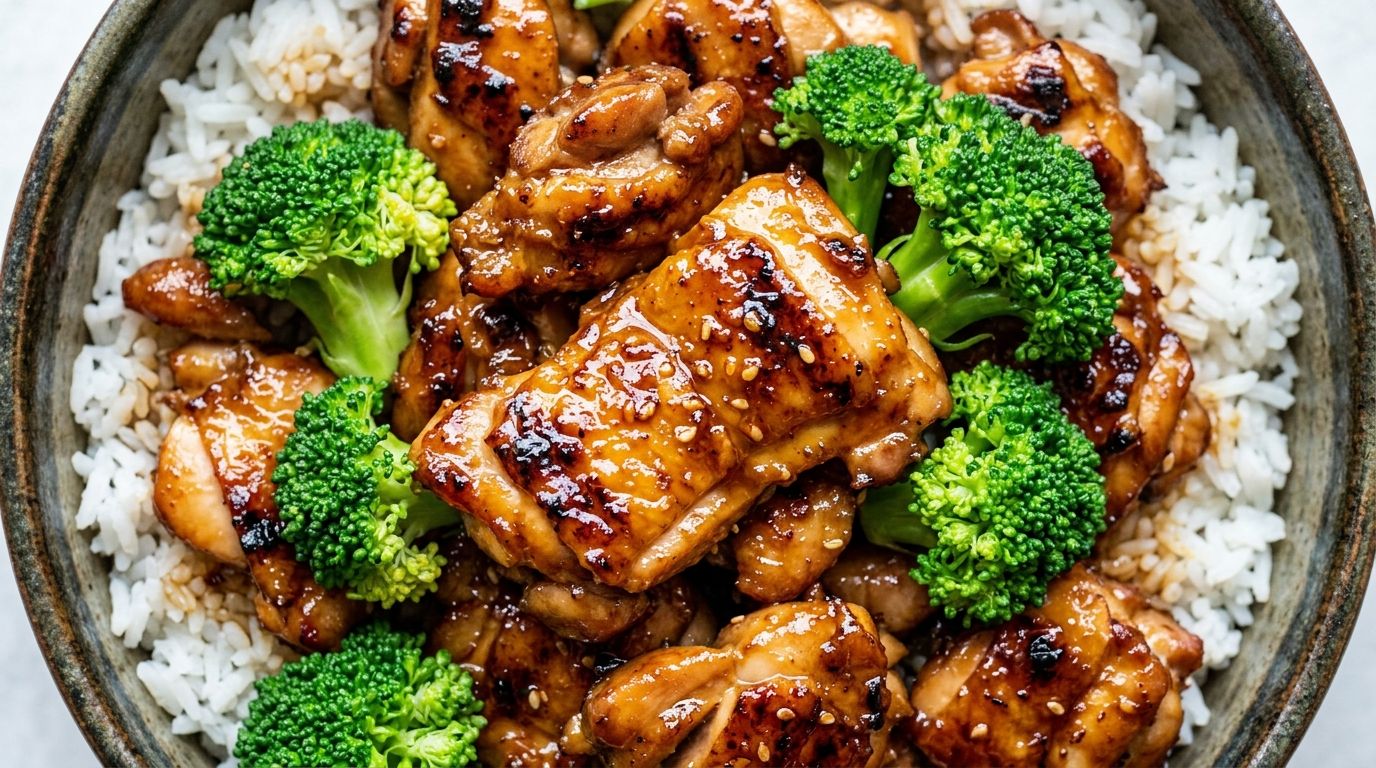 Teriyaki chicken and rice bowl with glossy soy glaze, jasmine rice, and broccoli in a white bowl on dark oak.
