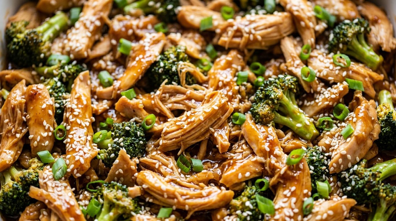 Teriyaki chicken casserole with brown rice, broccoli, sesame seeds, and green onions in a white baking dish.