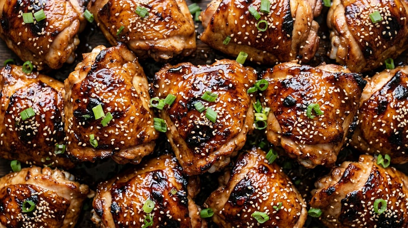 Glossy teriyaki chicken thighs with honey-soy glaze and sesame seeds on a dark wood board.