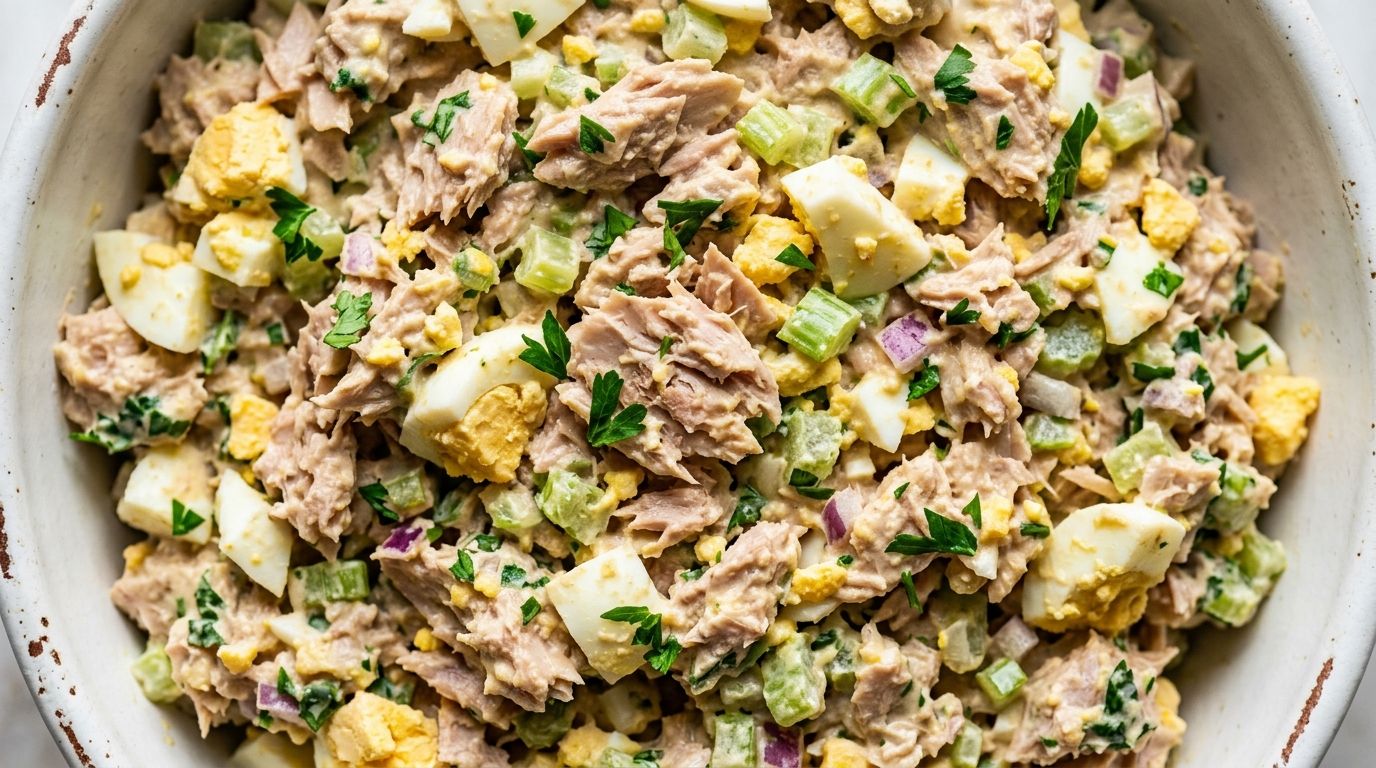 Tuna egg salad in a white ceramic bowl with visible celery, parsley, and chunky chopped eggs throughout the creamy mixture.