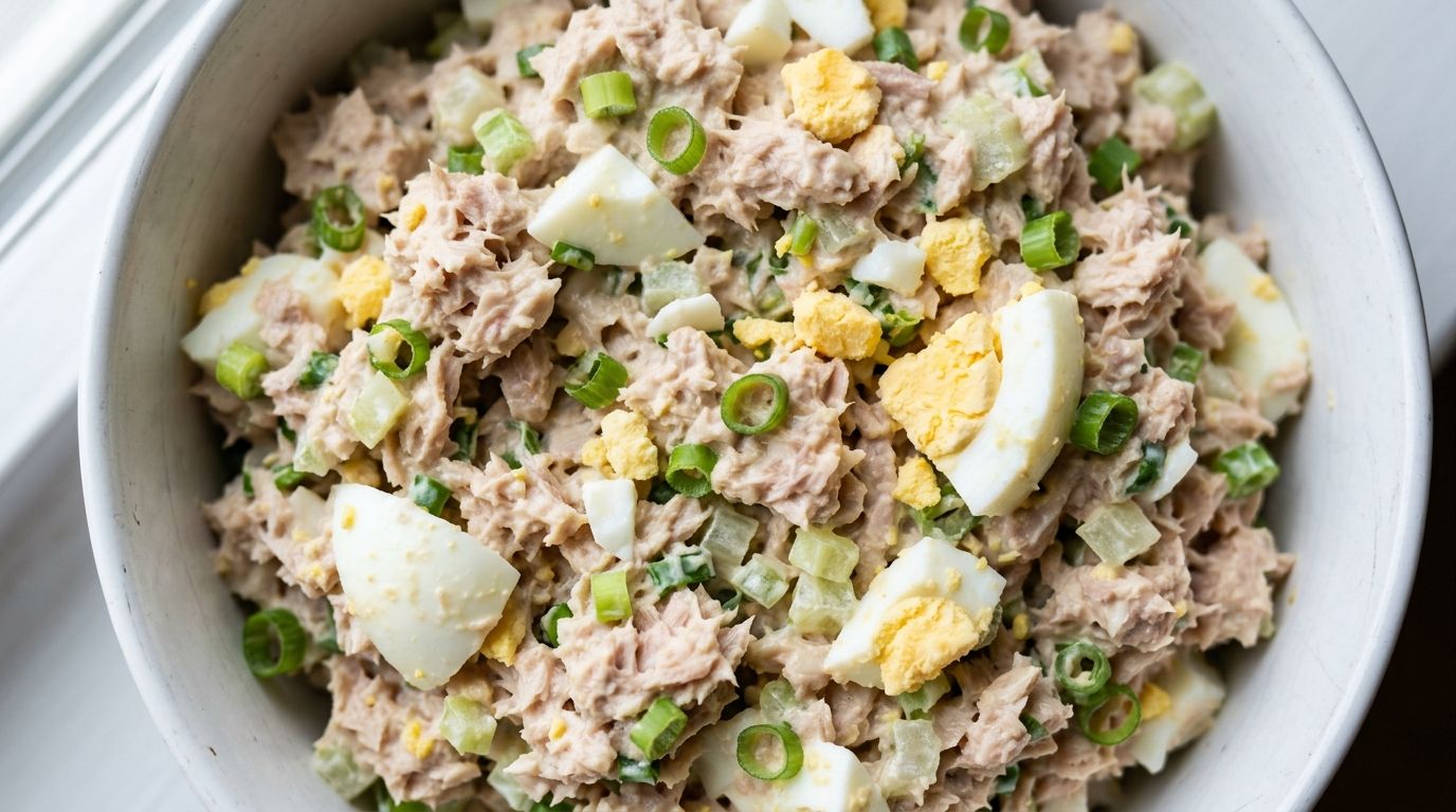 Creamy tuna egg salad with chunks of hard-boiled egg, green onions, and celery in a white bowl.