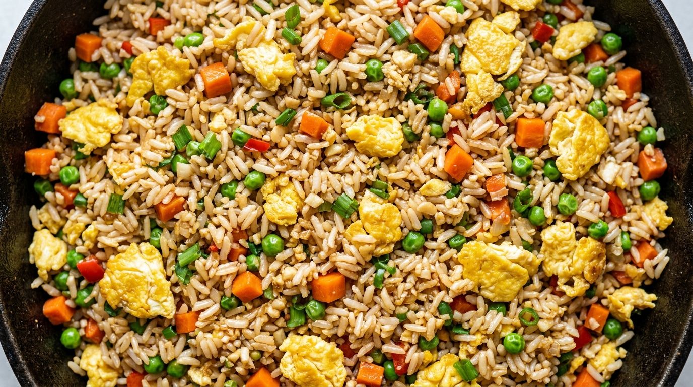 Overhead view of veg fried rice in a cast-iron skillet with golden egg, carrot, peas, and green onions.