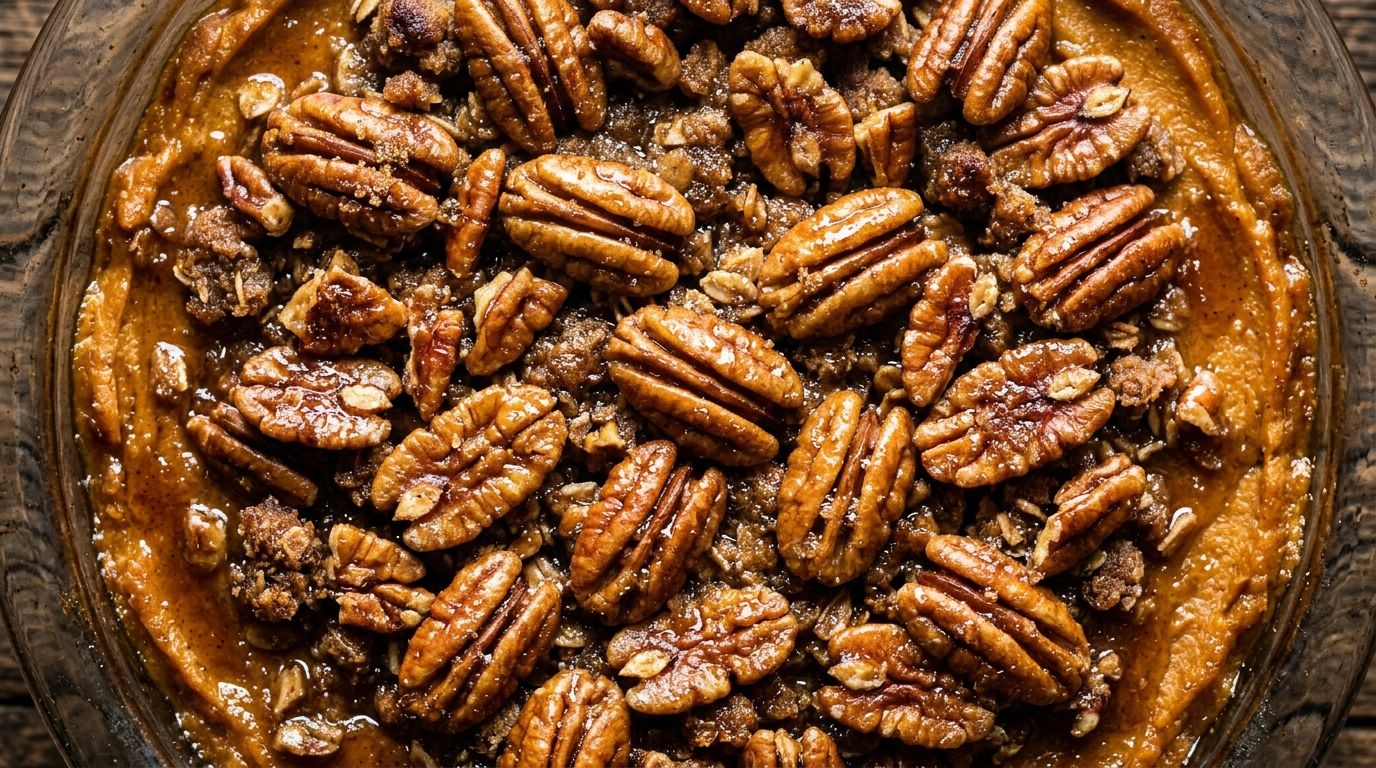 Vegan sweet potato casserole with golden pecan topping in a white baking dish on a dark wood surface.