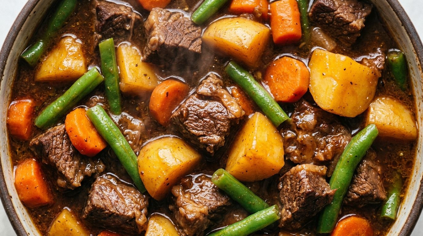 Vegetable beef stew in a Dutch oven with carrots, potatoes, and green beans in dark broth