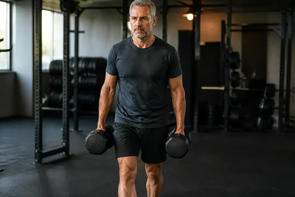 Man in his 50s doing a farmer's carry with dumbbells in a gym